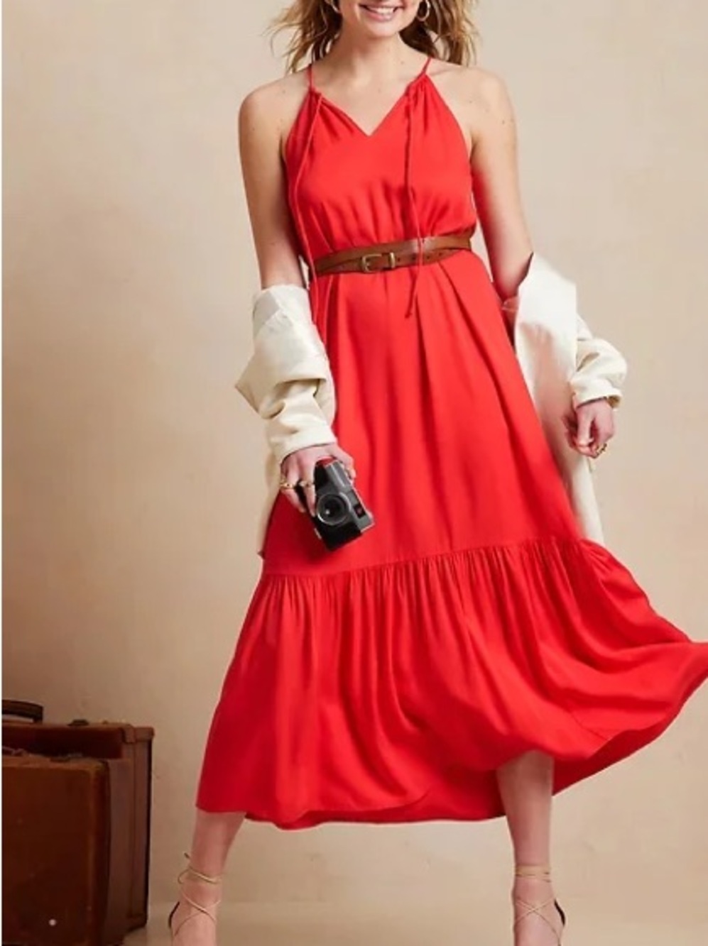 Banana Republic Red Rayon Halter Neck Maxi Dress